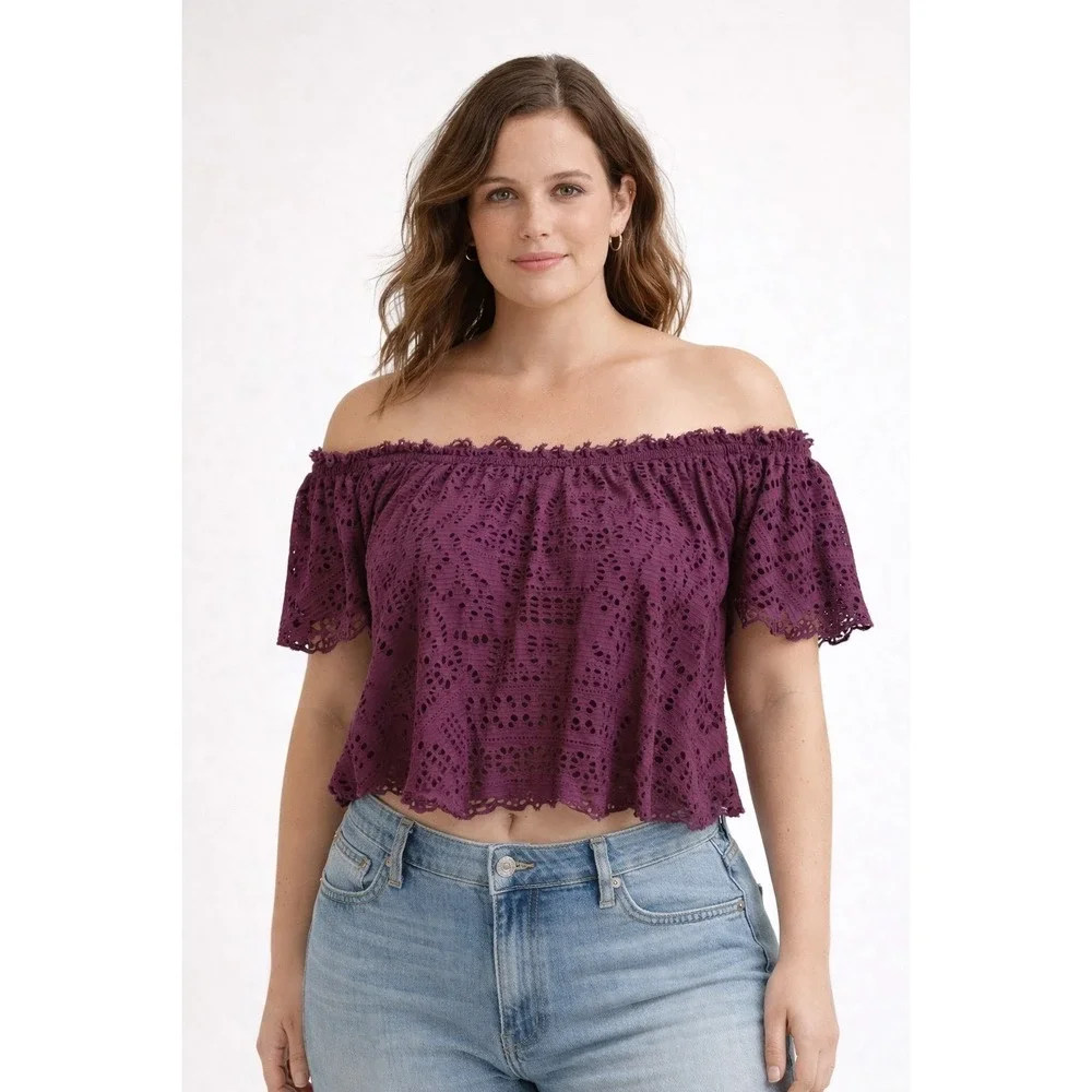 Free‎ People Beach Plum Purple Eyelet Lace Off The Shoulder Crop Top Womens Med
